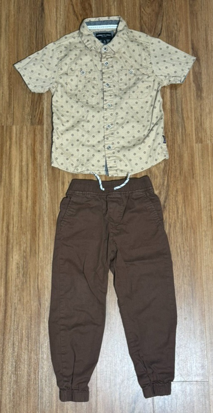 Kenneth Cole Boys Brown & Tan 2-Piece Set Shirt & Drawstring Pants - Size 4